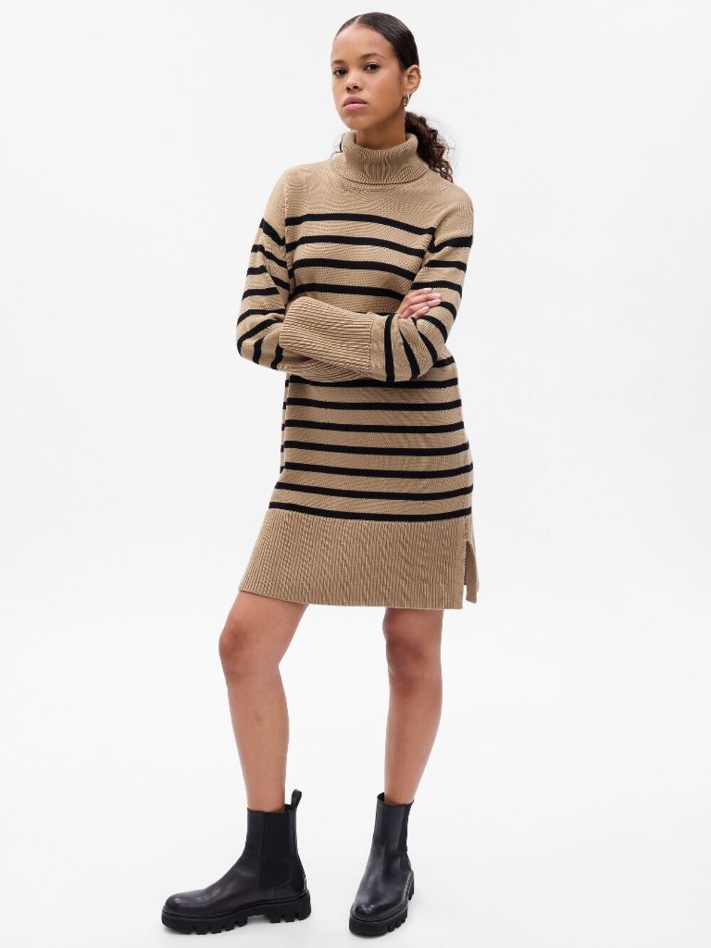 GAP Tan Black Striped Cotton Knit Mini Turtleneck Sweater Dress, Size S Tall